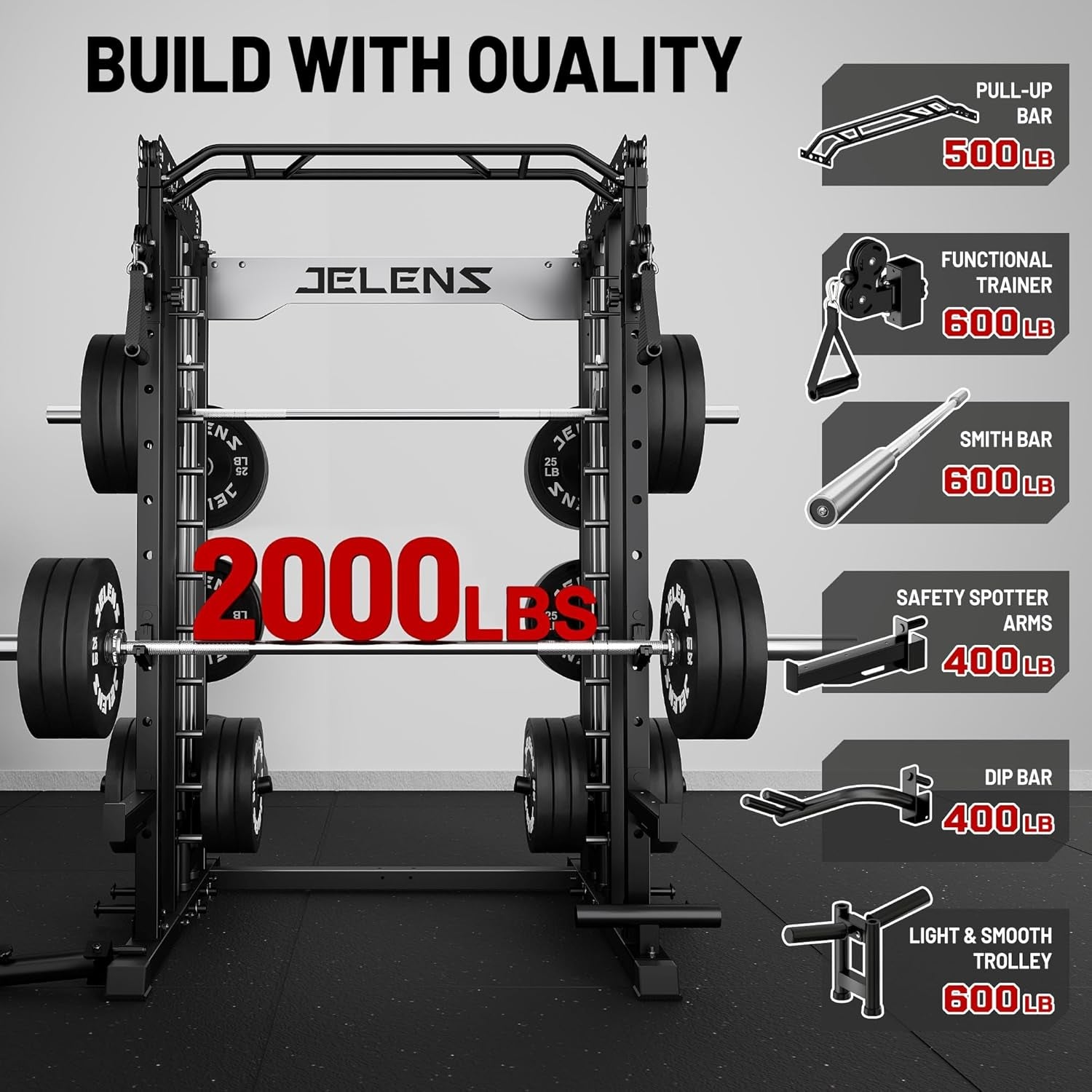 Smith Machine for Home Gym, Multi-Function M12 Power Cage with Cable Crossover System, Squat Rack with Smith Bar and More Attachment