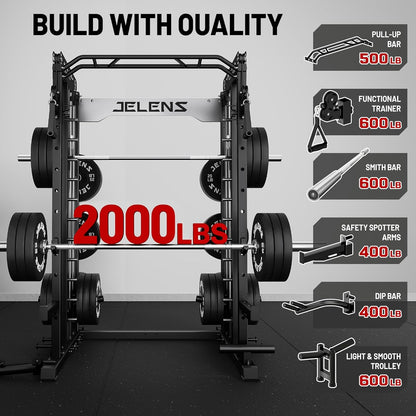 Smith Machine for Home Gym, Multi-Function M12 Power Cage with Cable Crossover System, Squat Rack with Smith Bar and More Attachment