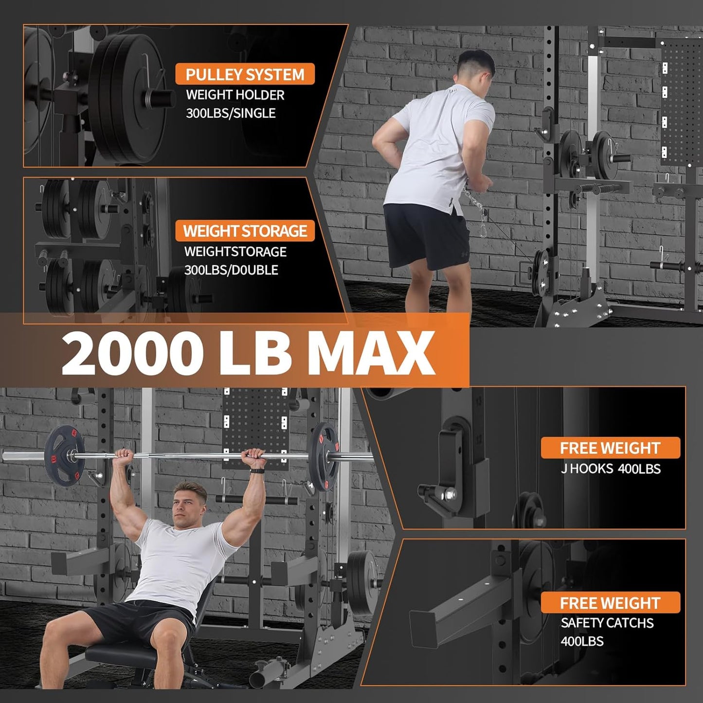 Power Cage, 2000LB Power Rack with Dual Independent Pulley System, Squat Rack with Adjustable Cable Crossover, Multi-Function Home Gym Workout Machine for Home