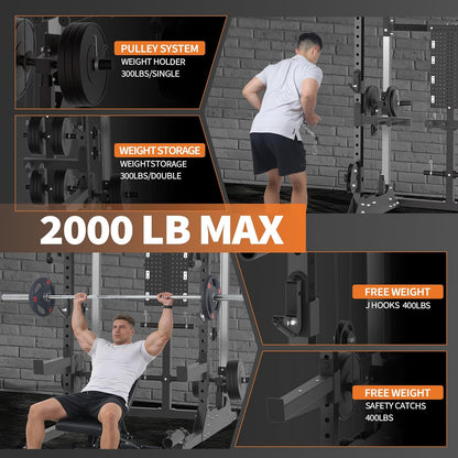 Power Cage, 2000LB Power Rack with Dual Independent Pulley System, Squat Rack with Adjustable Cable Crossover, Multi-Function Home Gym Workout Machine for Home