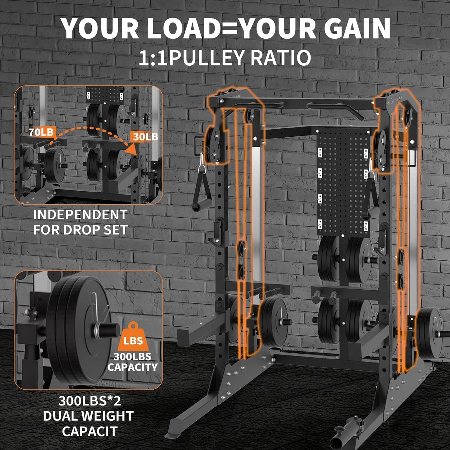 Power Cage, 2000LB Power Rack with Dual Independent Pulley System, Squat Rack with Adjustable Cable Crossover, Multi-Function Home Gym Workout Machine for Home