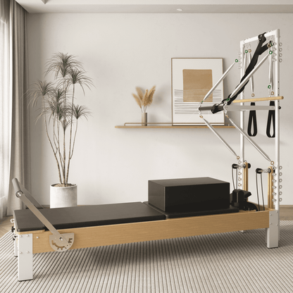Pilates Reformer, Wooden Pilates Reformer Machine with Tower & Mat, Pilates Equipment for Home Workout and Studio, with Reformer Accessories, Sitting Box, Jump Board