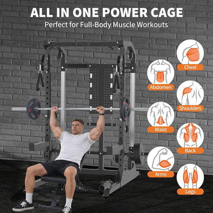 Power Cage, 2000LB Power Rack with Dual Independent Pulley System, Squat Rack with Adjustable Cable Crossover, Multi-Function Home Gym Workout Machine for Home